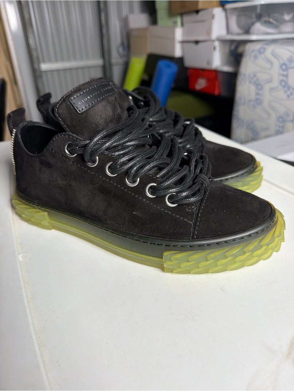 Giuseppe Zanotti 38.5Black Suede Sneakers with Lime Green Translucent Sole - Picture 6 of 7